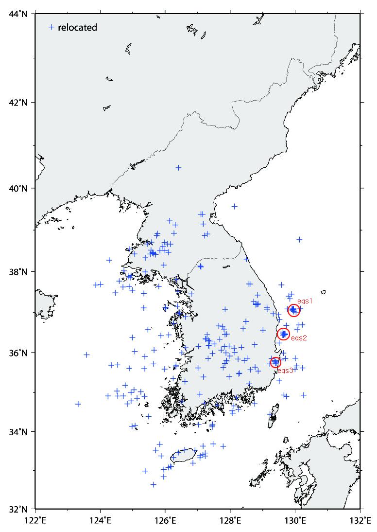 4.2. 한반도역사 계기지진사후정밀분석및목록작성 (1) 한반도계기지진지진원요소정밀재결정기상청이발표한계기지진의위치정확도를향상시키고한반도지진발생특성을분석하기위하여 2003년과 2004년발생지진에대한진원재분석을실시하였다.