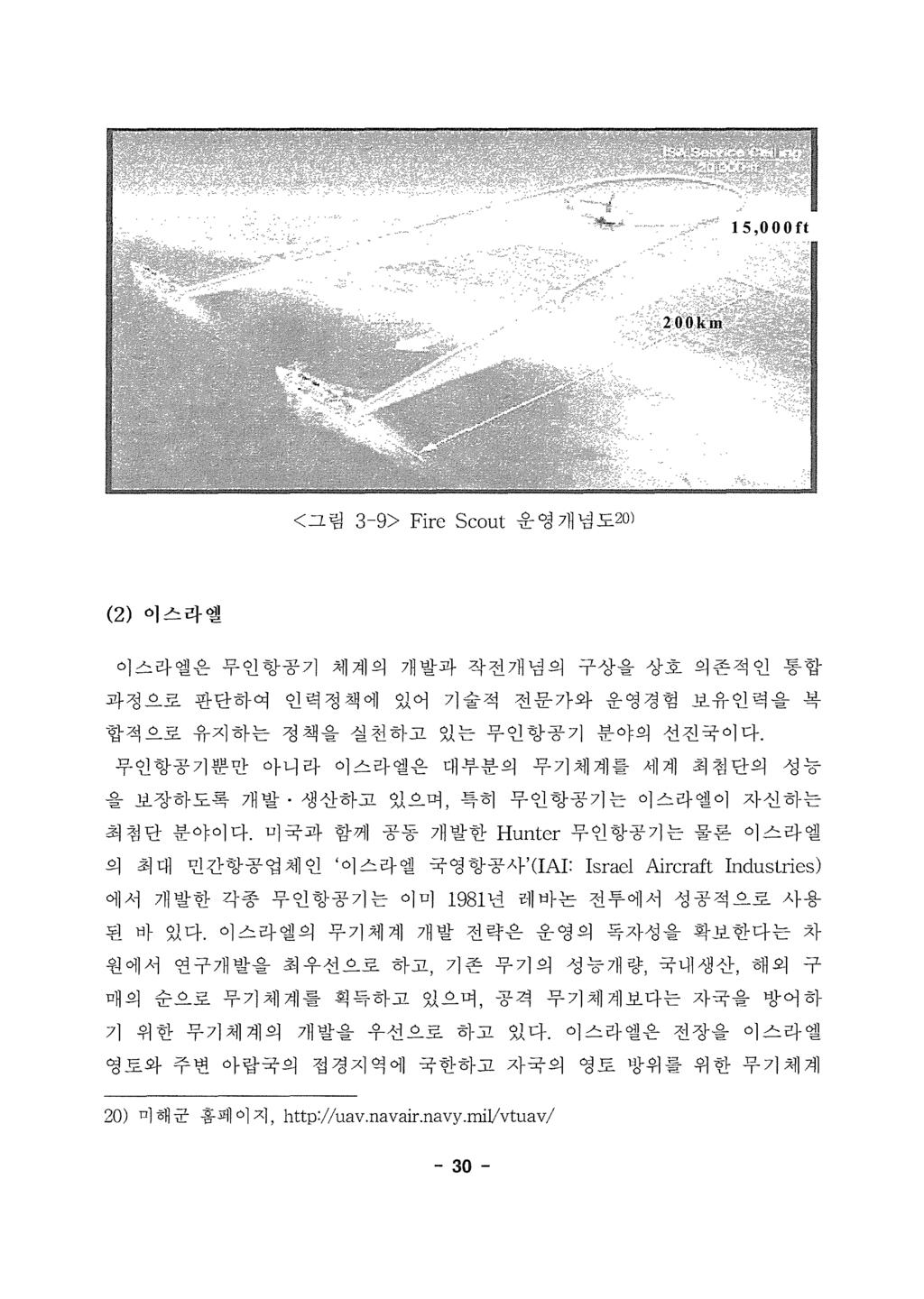 < 그림 3-9 > F i r e S c o u t 운영개념도 2 0 ) ( 2 ) 이스라엘 이스라엘은무인항공기 체계의개발과작전개념의구상을상호의존적인통합 과정으로판단하여인력정책에있어기술적전문가와운영경험보유인력을 합적으로유지하는정책을실천하고있는무인항공기분야의선진국이다.