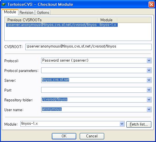 CVS 클라이언트는 www.tortoisecvs.org 를사용하는것이간편하다. 설치후바탕화면에서마우스오른쪽버튼을누르면아래와같이 checkout 이라는항목이생성된다. pop-up 메뉴에 CVS Protocol은 pserver, Server는 tinyos.cvs.sourceforge.