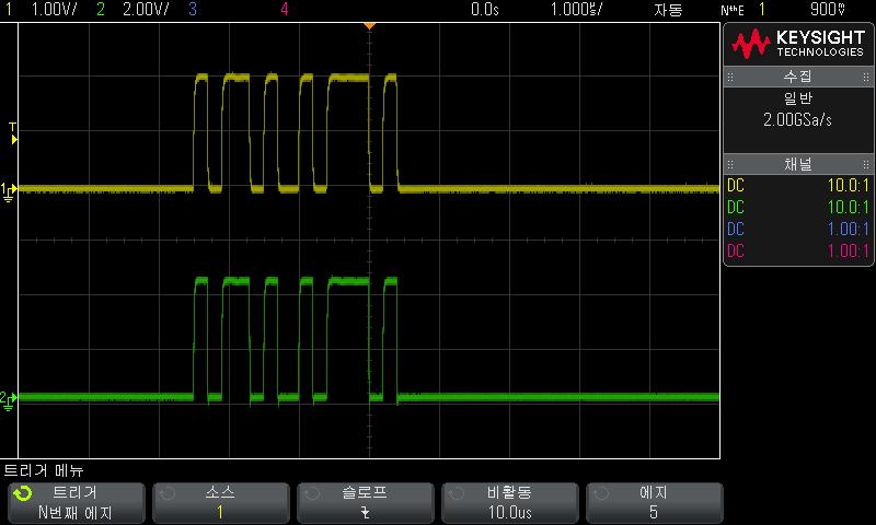 10 트리거 N 차에지버스트트리거설정은소스, 에지기울기, 유휴시간, 에지수를선택하는과정으로구성됩니다. 1 [Trigger]( 트리거 ) 키를누릅니다. 2 트리거메뉴에서트리거소프트키를누른다음, 엔트리노브를돌려 N차에지버스트를선택합니다.