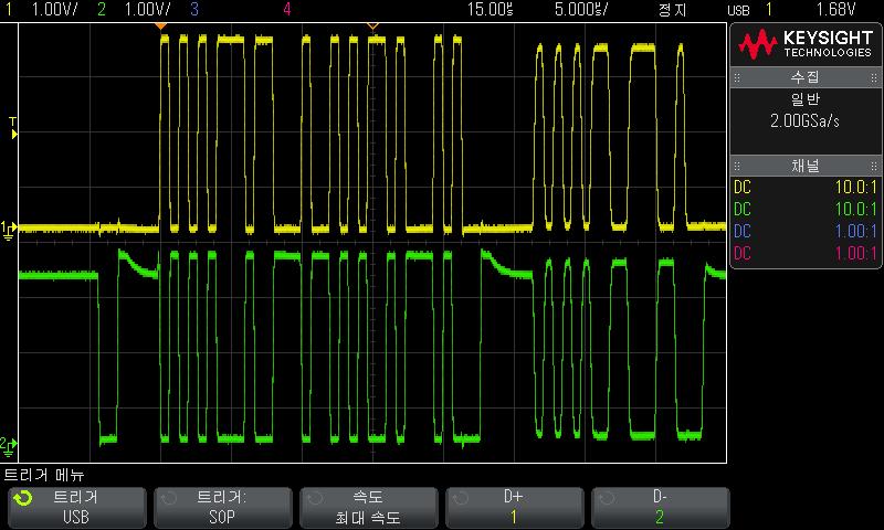 트리거 10 4 [Trigger]( 트리거 ) 키를누릅니다. 5 트리거메뉴에서트리거소프트키를누른다음엔트리노브를돌려 USB 를선택합니다. 6 트리거 : 소프트키를눌러 USB 트리거가발생할위치를선택합니다. SOP( 패킷시작 ) 패킷의시작부분에서동기비트에트리거합니다. EOP( 패킷끝 ) EOP 의 SE0 부분끝에트리거합니다.