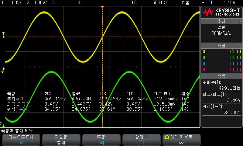 14 측정 측정값이름, 현재측정된값, 평균, 최소측정값, 최대측정값, 표준편차및측정이실행된횟수 ( 카운트 ) 등의통계가표시됩니다. 통계는캡처된파형의총수 ( 카운트 ) 를기준으로합니다. 통계화면에표시되는표준편차는표준편차측정을계산할때사용되는것과동일한공식으로계산됩니다. 해당공식은 AC RMS" 220 페이지라는제목의섹션에나와있습니다.