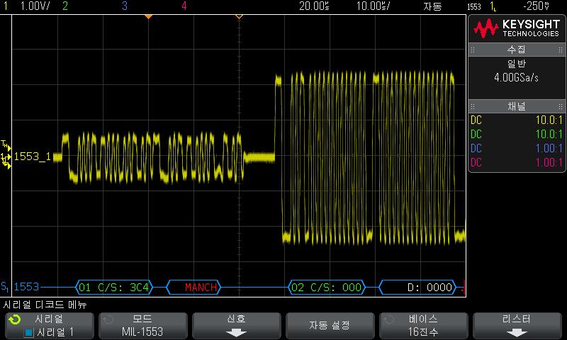 MIL-STD-1553/ARINC 429 트리거링및시리얼디코드 27 관련항목 MIL-STD-1553 디코드해석 " 405 페이지 MIL-STD-1553 리스터데이터해석 " 406 페이지 리스터에서 MIL-STD-1553 데이터검색 " 406 페이지 MIL-STD-1553 디코드해석 시리얼디코드정보를표시하려면시리얼디코드로전환후 [Run]( 실행 ) 또는 [