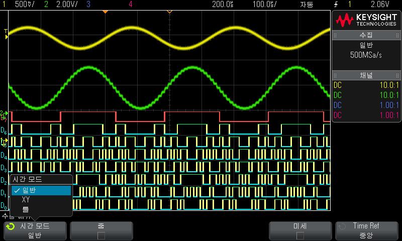 2 수평컨트롤 그림 2 수평메뉴 수평메뉴에서시간모드 ( 일반, XY 또는롤 ) 를선택하고, 줌을활성화하며, 타임베이스미세조정 ( 버니어 ) 을설정하고, 시간기준을지정할수있습니다. 현재샘플링속도는정보영역의오른쪽에표시됩니다.