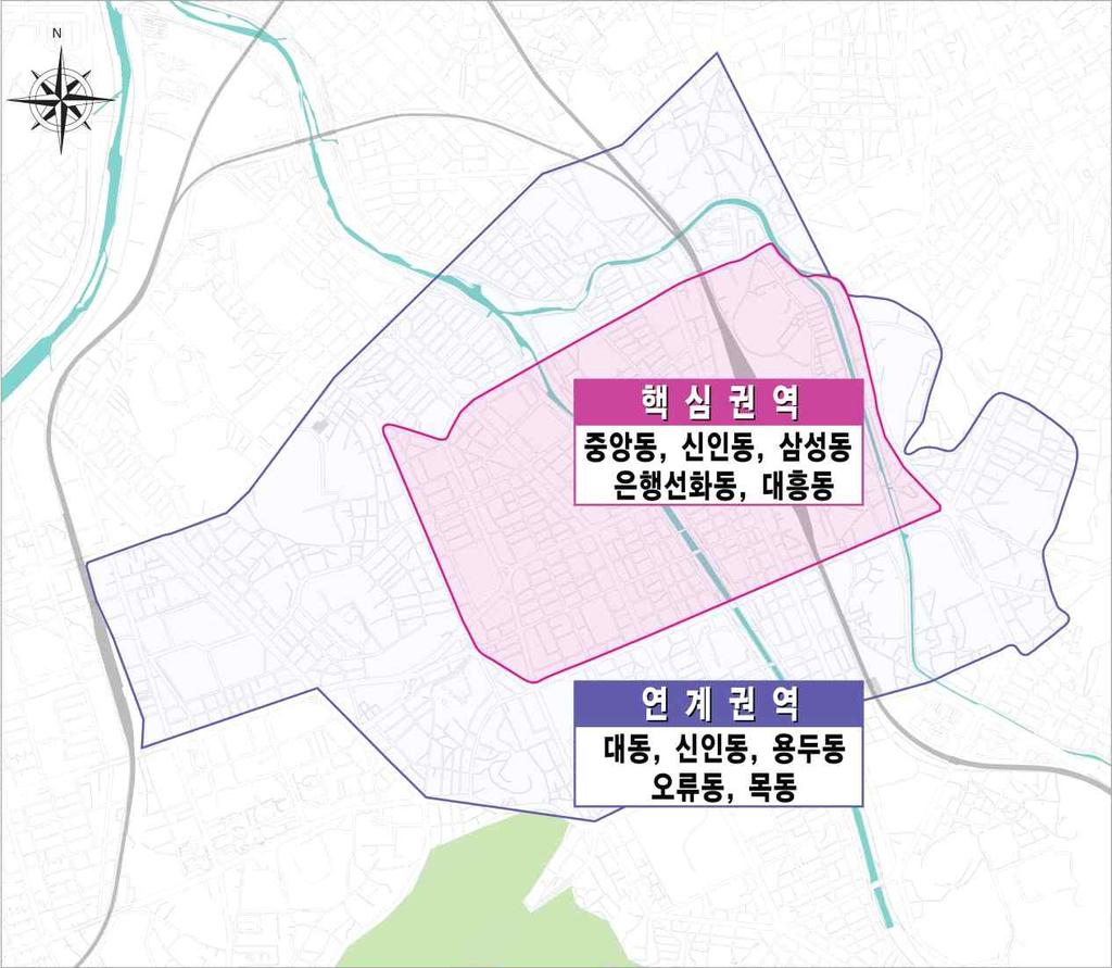 < 표 1-1> 공간적범위설정 구분자치구행정동 ( 법정동 ) 면적비고 계 5(10) 56,900 핵심권역 동구 중앙동 ( 원동 정동 중동 신안동 소제동 대신동 ), 신인 동 ( 인동 ), 삼성동 37,600 m2