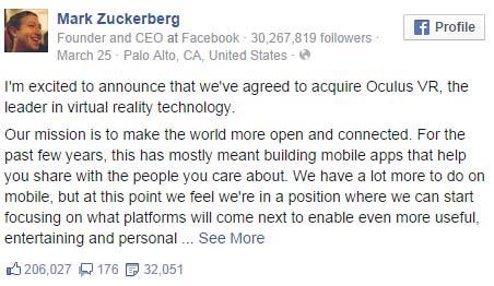 2. 가상현실 : 새로운오아시스를찾아서... 삼성전자의가상현실 (VR: Virtual Reality) 시장진입에주목할필요가있다. 가상현실시장은 Facebook이 Oculus VR을 23억달러에인수하면서관심이증폭되기시작했다.