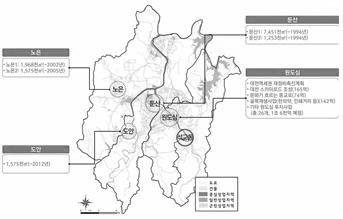 대전시마을공동체활동의전개와과제 - 석교동을중심으로 2. 석교동의쇠퇴원인 1) 도시정책적측면석교동은대전도시기본계획의주요도시발전축에서벗어나있다. 도시기본계획에서는인근가오동을지역거점으로설정하고있으나, 석교동과는대전천을경계로분리되어있어동일공간으로보기어렵다. 대전시에서는 1990년대이후둔산, 노은등신시가지개발정책을추진해왔으며, 최근에는원도심활성화에주력하고있다.