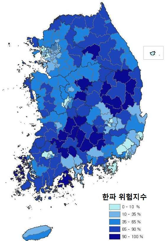 참고 3 한파위험지수분포 위험지수란지역의한파일수, 고령화율을종합적으로고려하였을때, 해당지역에서통계