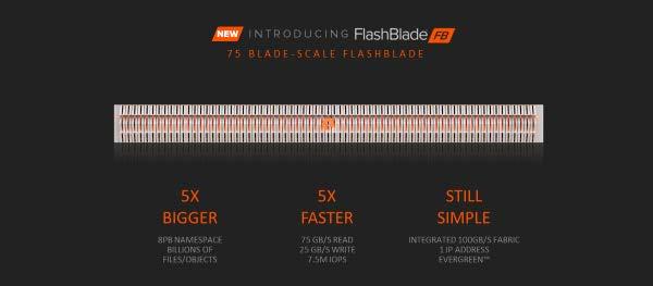 15 개의블레이드로구성된플래시블레이드의 4U 랙공간에는 120 개제온 (Xeon) D CPU 코어및 45 개 FPGA 가최첨단엘라스틱패브릭모듈 (Elastic Fabric Module) 에연결돼있다. 이를통해 3 밀리초미만의레이턴시, 초당 17GB 의읽기성능및 150 만 IOPS 를제공한다.