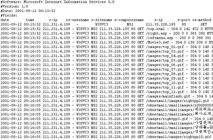 < 그림 4> 원시웹로그파일 < 그림 5> MS_SQL 데이터베이스에저장된형태 4.