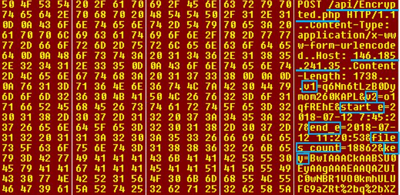 03 악성코드분석보고 2.5 C&C 전송 공격자는 C&C 서버로 POST 방식을이용해암호화정보들을전송한다. C&C 주소는 146.185.241.35/api/Encrypted.php 로러시아로확인되며분석시점에이미서버는차단된상태이다. 다음은정보 전송코드이다.
