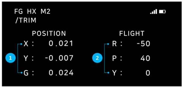 - 화면 2 - < 메뉴 팀 ( 배틀게임팀 )> 1 이미지센서로확인하는 POSITION 값 - 페트론 V2는드론바닥면에이미지센서가달려있어자동호버링시높이뿐만아니라위치를스스로찾아정지하는기능을가지고있음 2 TRIM 정보 ( 미세조종 ) -