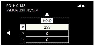 < 메뉴 색상 (LIGHT)> 1 S 버튼을길게눌렀을때표시됨 3 LIGHT 타입설정 : 좌측레버을좌우로움직이면변경가능 - HOLD : LED 깜빡임없음 - FLICKER : 일정한간격으로깜빡임 - FLICKER DOUBLE : 일정한간격으로두번씩깜빡임 - DIMMING : 천천히어두워졌다밝아짐으로