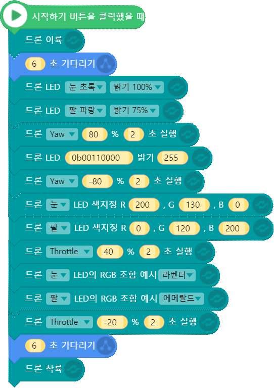 < 예제 4> 4 회전및상승 / 하강하기 [ 코드설명 ] 드론을좌우로회전시키고위아래로상승, 하강시키는코드입니다.