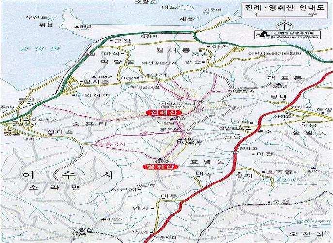 등산, 걷기여행코스 영취산( 진례산510m, 영취산436.8m, 호랑산481.8m) 1코스 2코스 3코스 4코스 소요시간:70 분 / 2.2km 네비주소: 월내동 548( 삼일동예비군훈련장) 코스 GS 칼텍스정유후문( 삼일동예비군훈련장) 억새평원 진례산정상 소요시간:60 분 / 1.