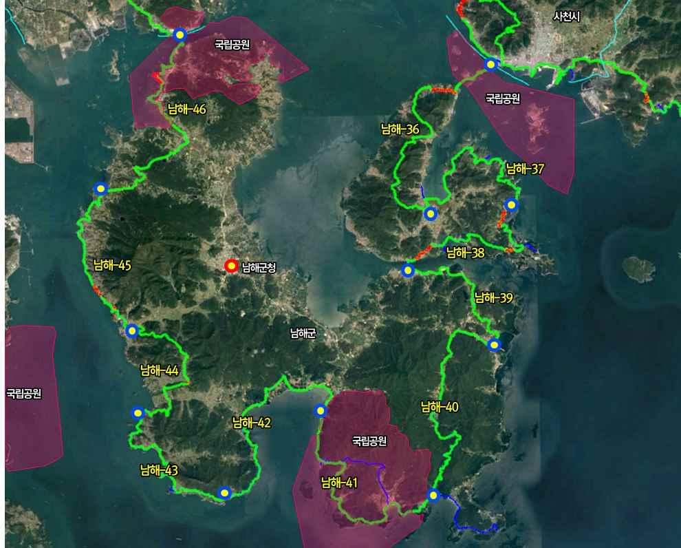 구분남해-41 남해-42 남해-43 특징수려한국립공원구간의매력을느낄수있는 남해바래길 3코스와가일부포함되는구간이다. 남해바래길 3코스는구운몽길로명명되어있으며서포김만중선생의유배지로유명한노도와벽련마을을시작으로여러유배객들의문학작품의바탕이된금산과상주해안의절경을감상할수있는구간이다.