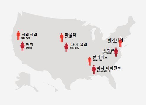 (3) 미국인이선호하는매운맛 미국의소비자들은새로운매운맛에관심을가지며, 66% 의소비자들이매운맛과단맛의조화를좋아하며, 50% 는달고톡쏘는 (tangy) 맛을즐기는것으로나타남.