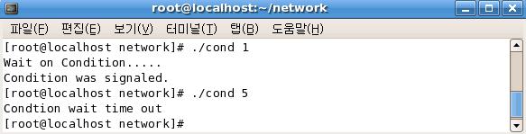 Chapter 11. 스레드프로그래밍 289 else { printf("wait on Condition...\n"); // data.value 값이자식스레드에서 1로바뀜 if(data.value == 1) printf("condition was signaled.\n"); if( (status=pthread_mutex_unlock(&data.mutex))!