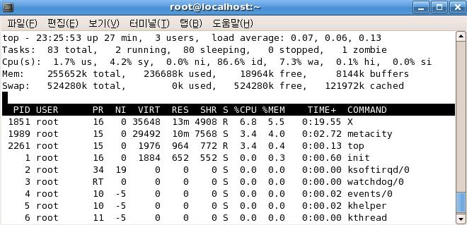 Chapter 2. 기본명령어 45 total, 2 running, 80 sleeping, 0 stopped, 1 zombie라는메시지는 83개의프로세스가메모리에적재 되어있으며 80개는활동이잠시멈춰진상태이며 2 개는계속활동하고있다는사실을알려준다. 정 지된프로세스는없고좀비프로세스가 1 개있다.