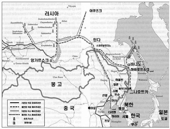 < 그림 3-8> 동북아천연가스및전력망연결에대한러시아의구상 자료 : Vladimir I. Ivanov. 2003. Russian Oil for Northeast Asia : Opportunities, Problems and Policies, " ERINA REPORT vol.51, p. 19.