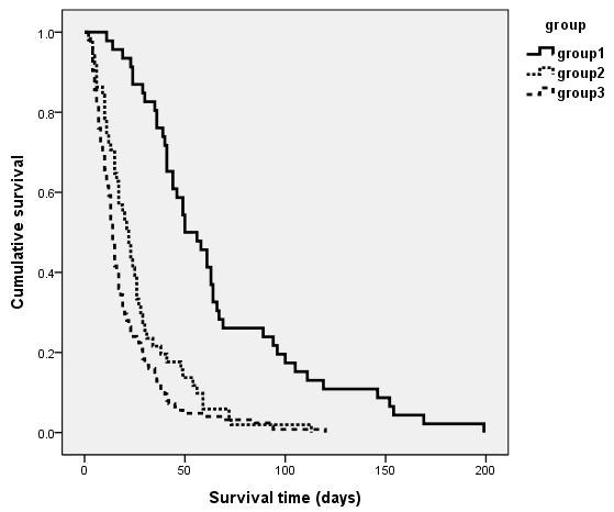 - 손효림외 10 인. 말기암환자의생존기간예측 - Figure 1. Kaplan-Meier survival curves for each PPI group. Kaplan-Meier survival curves for the three groups of patients categorized by PPI.