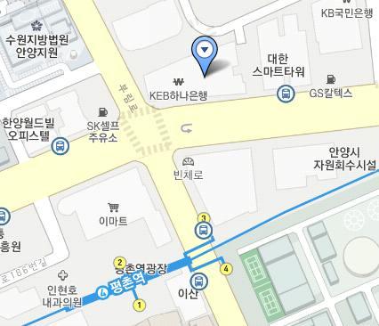 (10-090) 횡단보도로맞은편이동후마을버스 5-1, 8, 10-1 환승 부안중학교또는법원 검찰청 등기소하차 - 지하철 : 4 호선평촌역하차 3 번출구 횡단보도로맞은편이동 안양등기소방향 400m 직진 농림수산품기술기획평가원 사거리우회전 (1 층대궁어린이집 )