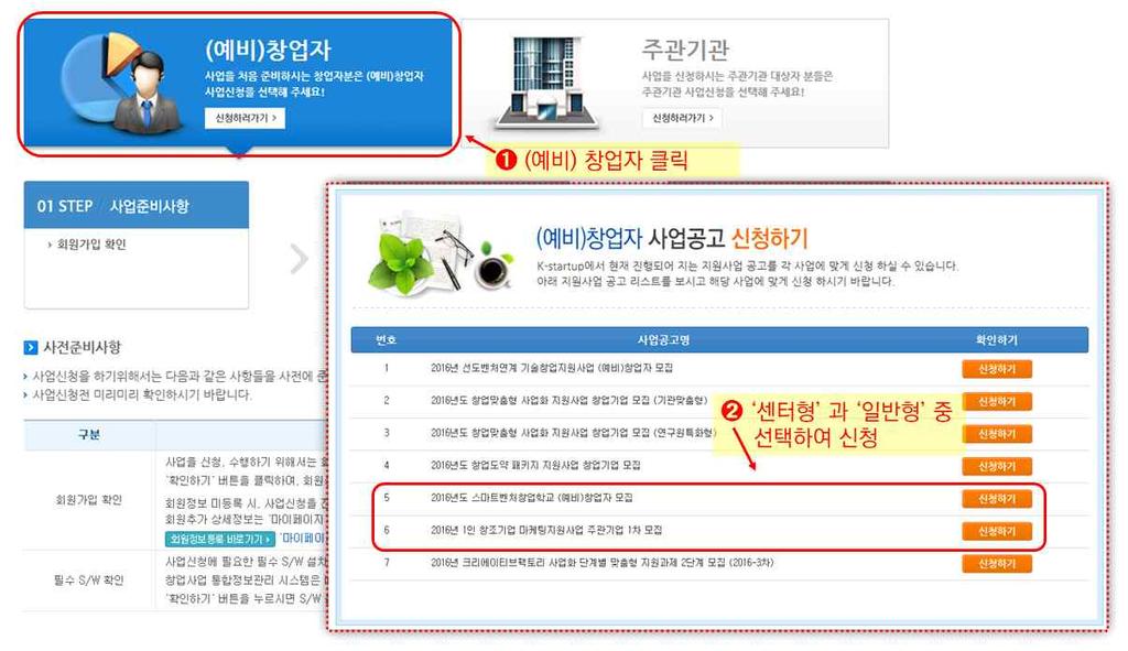 kr) 에접속하여 ➊ 개인회원가입후로그인한다. 홈페이지메인화면하단의 ➋ 사업신청 관리 ( 통합정보관리시스템 ) 메뉴를클릭한다.