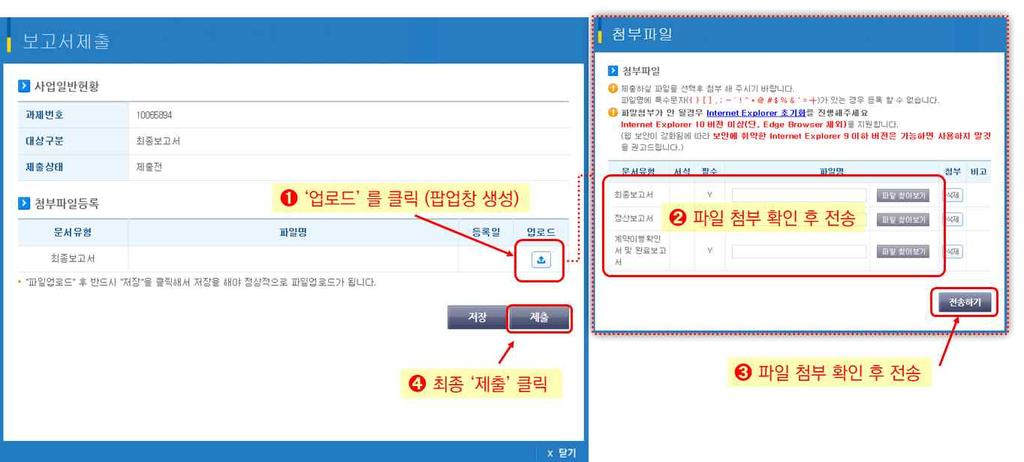 최종보고서및관련서류제출하기 ➊ 보고서제출팝업창에서 업로드 버튼을클릭하여첨부파일팝업창을띄운다 ➋