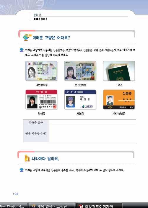 여러분고향은어때요? 1. 문화소개 1 학생들에게자신의고향에서사용되는신분증의종류와사용에대해이야기하게하고각자정리하게한다. 2 정리한것을바탕으로자신의고향의신분증에대해한국과비교하며이야기하게한다.