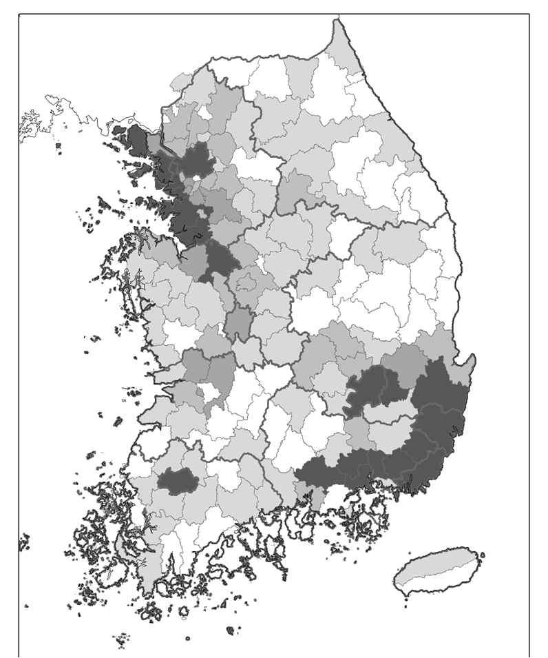 - 1 에가까울수록해당산업의집적이강함을의미한다고볼때, 1995 년이후로지 속적으로자동차산업의집적도가증가하는것으로나타남 - 사업체수기준의자기상관관계는 0.1997( 95) 0.2004( 00) 0.