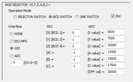 4.2.5. 축선택 ( 이동배율선택 ) 설정축선택스위치연결과이동배율선택에관련된 MPG 셋업윈도우의설정내용이동일함으로축선택스위치연결과관련된 MPG설정내용을기준으로설명합니다. 축선택스위치과관련되어아래의총 5가지항목에대한설정을필요로합니다. 여기서 GIO연결과 ADC연결중하나만을선택함으로실제총 4개의선택사항이필요합니다. 각설정별로살펴봅니다.