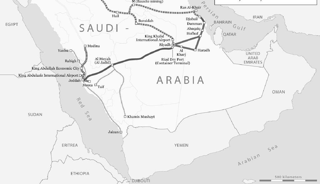 176 철도의경우현재리야드- 담맘을잇는 450km 노선만이운행중에있으므로물류이동의역할이매우제한적인상황이다. 사우디정부는대중교통보급확대및물류이동효율화를위하여사우디남북, 동서를가로지르는철도건설을계획하고있으나, 완공시기는아직미정인상황이다. 이이외에도리야드-알쿠라얏을잇는 1242km 노선이 2017년초에완공되어현재시험운행중이다. 2017년 12월부터개통될예정이다.