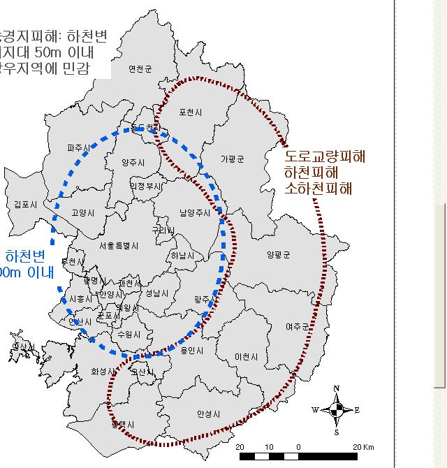 4. 전통적재난대비생활권주변자연재해위험요인정비 1) 사전적 물리적대책 : 상습침수지의도시적응능력증대도시는도시화에따른불투수면적의증가, 지하공간활용등으로기후변화로인한홍수, 폭염등의재해에매우취약하다. 실제로배수구조물설계기준강우강도는 10년에불과하여도로배수로설계기준을초과하는국지성집중호우등여름철단기간집중강우발생시처리용량초과가발생하고있다.