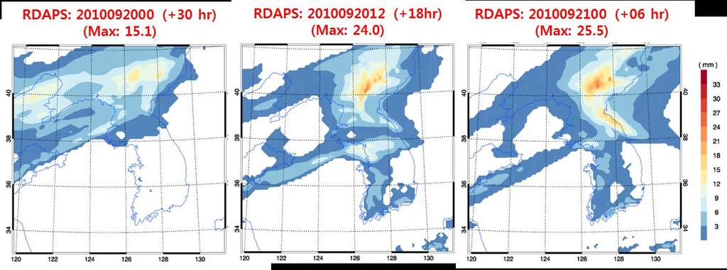 3. 예측자료분석 집중호우사례 3.1.3. RDAPS 의강수모의특성 : 초기 / 경계조건의존성 지역수치예보모델의모의성능은초기장 / 배경장을제공하는전지구수치모델의예측결과에따라따라달라질수있다. 그림 3.1.7은지역수치예보모델 (RDAPS) 의 2010년 9월 21일수도권집중호우사례에대한 3시간 (12-15KST) 누적강수량모의결과를적분시작시각에따라비교하고있다.