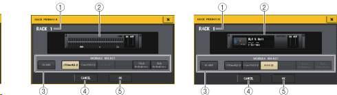 ➃ CANCEL 버튼 RACK MOUNTER 화면에서변경한것을취소하고화면을닫습니다. 7 링크인디케이터 31BandGEQ 의홀수 - 짝수번호의랙끼리또는 Flex15GEQ 의 A/B 가링크되어있을때에표시됩니다. RACK MOUNTER 화면랙에 GEQ 또는이펙트를장착합니다. 이화면은 VIRTUAL RACK 화면의랙장착버튼을누르면표시됩니다.