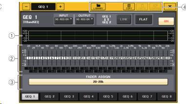 31BandGEQ 의조절 채널스트립섹션의페이더 1~8 과 [ON] 키를사용하여 31BandGEQ 를조절합니다. 1. GEQ 필드또는 EFFECT 필드의랙중에서 31BandGEQ 가장착된랙의랙컨테이너를누른다. 2. GEQ ON/OFF 버튼을눌러 31BandGEQ 를켠다. 3. FADER ASSIGN 필드의각버튼을눌러서조절하는대역 ( 범위 ) 을선택한다. 4.