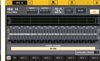 1. Flex15GEQ 가장착된랙의랙컨테이너를누른다. 2. GEQ ON/OFF 버튼을눌러 Flex15GEQ 를켠다. 3. FADER ASSIGN 필드의각버튼을눌러조절하는대역을선택한다. 4. 채널스트립섹션의페이더로선택한대역을조절한다. 5. 조절이끝나면 FADER ASSIGN 필드의버튼을끈다.