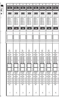 채널스트립섹션 터치스크린하부에배치된채널스트립섹션에서는인풋계열채널, 아웃풋계열채널, DCA 그룹을불러내서조절할수있습니다. 페이더뱅크섹션에있는뱅크셀렉트키를누르면그키에대응하는채널 /DCA 그룹의페이더 /[ON] 키 /[CUE] 키를사용하여조절할수있습니다. 채널스트립섹션에서의작업 1. 뱅크셀렉트키를사용하여조절하는채널 /DCA 그룹을선택한다. 2.