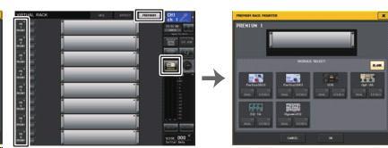 3. PREMIUM RACK 필드에서장착하는랙의랙마운트버튼을누른다. 4. PREMIUM RACK MOUNTER 화면의 MODULE SELECT 필드에서장착하는프로세서와장착방법을선택하고 OK 버튼을누른다. 5. INPUT PATCH L 버튼을눌러 CH SELECT 화면을표시하고입력소스를선택한다. 6.