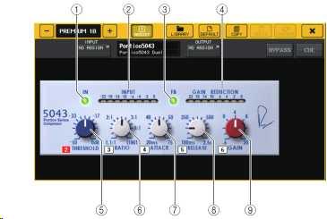 7 LF/HF IN 버튼 LF 와 HF 의 EQ 를동시에온 / 오프합니다. 8 그래프표시 EQ 의특성이시각적으로표시됩니다. Portico 5043 Portico 5043 은 Portico 5033 과마찬가지로 RND 사의아날로그컴프레서를재현한프로세서입니다.