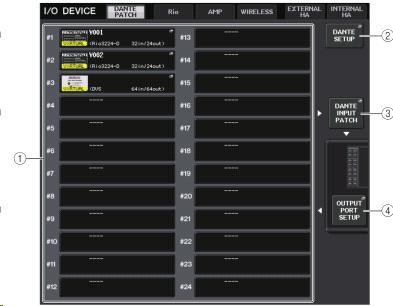 I/O 디바이스와외부헤드앰프 I/O DEVICE 화면 (DANTE PATCH 페이지 ) 여기서는, QL 시리즈에접속하는 I/O 디바이스와외부헤드앰프의조절에대해설명하겠습니다. 이조절전에 DANTE-SETUP 으로마운트하는 I/O 디바이스를결정해주세요. 자세한사항은 Dante 오디오네트워크에있는 I/O 디바이스를마운트 ( P.197) 를참조해주세요.