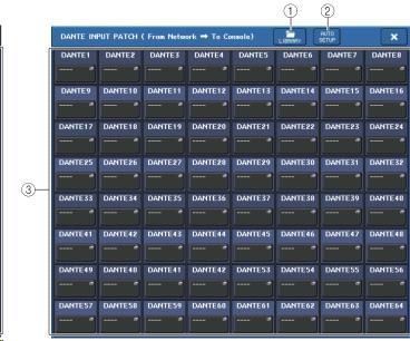 DANTE INPUT PATCH 화면 I/O DEVICE 화면 (DANTE PATCH 페이지 ) 에서 DANTE INPUT PATCH 버튼을누르면표시됩니다. I/O 디바이스에서콘솔로입력하는 64 채널을설정합니다. 3 포트선택버튼 누르면, PORT SELECT 화면이표시됩니다.