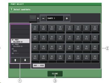 QL 시리즈가서포트하고있는 I/O 디바이스이외의제품을접속한경우, 버튼상단의표시가 DEVICE LABEL의처음 4글자 채널번호 (10진수) 로됩니다. Dante Audio Channel Label 가설정되어있지않은경우, 하단은표시없음으로됩니다.