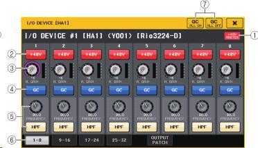 I/O DEVICE HA 화면 I/O DEVICE 화면 (Rio 페이지 ) 에서 HA 측의 I/O 디바이스가장착된랙을누르면표시됩니다. QL 시리즈의디스플레이에표시되는노브나버튼, 또는톱패널의 [TOUCH AND TURN] 노브를사용하여 I/O 디바이스의 HA 를리모트컨트롤할수있습니다.