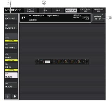 I/O DEVICE 화면 (WIRELESS 페이지 ) 1 표시전환버튼이버튼을누르면대응하는 I/O 디바이스가표시됩니다. 이버튼의아래에표시되는 VIRTUAL/CONFLICT/DUPLICATE 에대해서는 P.127 의 1 I/O 디바이스리스트 를참조해주세요.