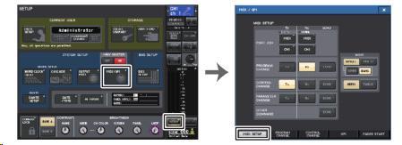 2. SETUP 화면중앙의 MIDI/GPI 버튼을누른다. 3. MIDI/GPI 화면의 MIDI SETUP 탭을누른다. 4. MIDI SETUP 페이지의송신 (Tx) 또는수신 (Rx) 의포트선택버튼을누른다. 5. 포트선택용의 MIDI SETUP 화면에서 MIDI 메시지의송신또는수신할포트의종류와포트번호를선택하고 OK 버튼을누른다. 6.