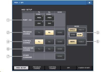 MIDI/GPI 화면 (MIDI SETUP 페이지 ) 송수신하는 MIDI 메시지의종류및사용하는포트등을선택할수있습니다. 3 PROGRAM CHANGE MODE 필드프로그램체인지의송수신방식을선택합니다. SINGLE... 이버튼이켜지면단일 MIDI 채널의프로그램체인지만을송수신합니다 ( 싱글모드 ). MULTI.