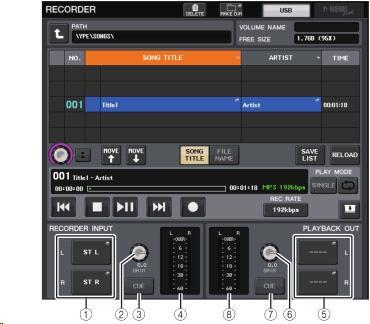 RECORDER 화면 (USB 탭선택시 ) 이화면에서는 USB 메모리레코더의입출력에신호를할당하거나녹음 / 재생을합니다. RECORDER INPUT CUE 버튼과동시에켤수없습니다. 8 미터레코더의출력신호레벨이표시됩니다. CH SELECT 화면 RECORDER INPUT L/R 버튼또는 PLAYBACK OUTPUT L/R 버튼을누르면표시됩니다.