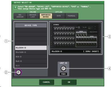 리스트에서마운트하는 I/O 디바이스를선택합니다. 2 DEVICE LIST 선택노브 [TOUCH AND TURN] 노브로조절하여, 마운트하는 I/O 디바이스를선택합니다. 3 INPUT/OUTPUT 노브 [TOUCH AND TURN] 노브로조절하여 Dante 오디오네트워크의입출력수를설정합니다. DVS 를선택한경우에는표시되지않습니다.