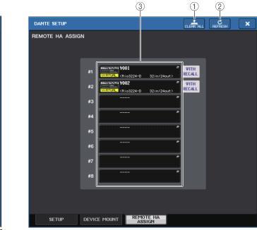 REMOTE HA 의설정 Dante 오디오네트워크에있는여러 HA 디바이스중에서, 어떤기기를사용할지를선택하고마운트합니다. 1 대의 QL 시리즈에최대 8 대까지마운트할수있습니다. 1. DANTE SETUP 화면하부의 REMOTE HA ASSIGN 탭을누른다. 2. HA 디바이스선택버튼을눌러 REMOTE HA SELECT 화면을표시한다. 3.